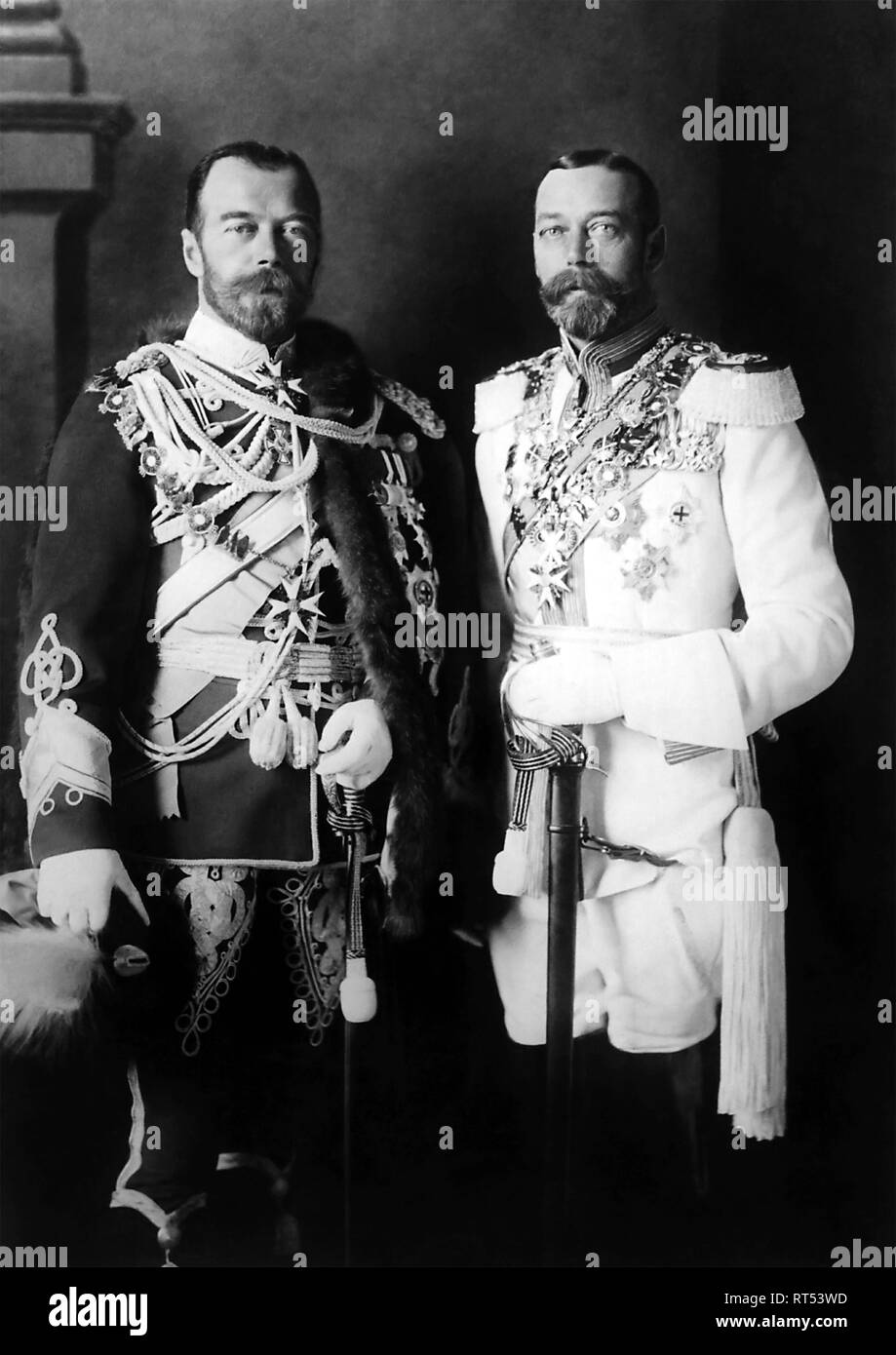 Royal cousins King George V (on the right) and Tsar Nicholas II posing for a photo in Berlin. Stock Photo
