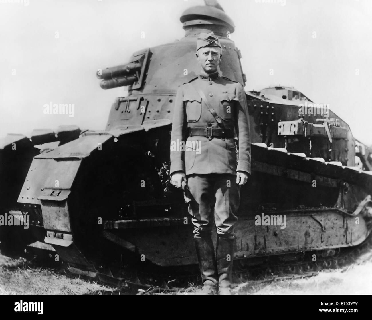 World War I photograph of Lieut. Col. George S. Patton and a French Renault tank, 1918. Stock Photo