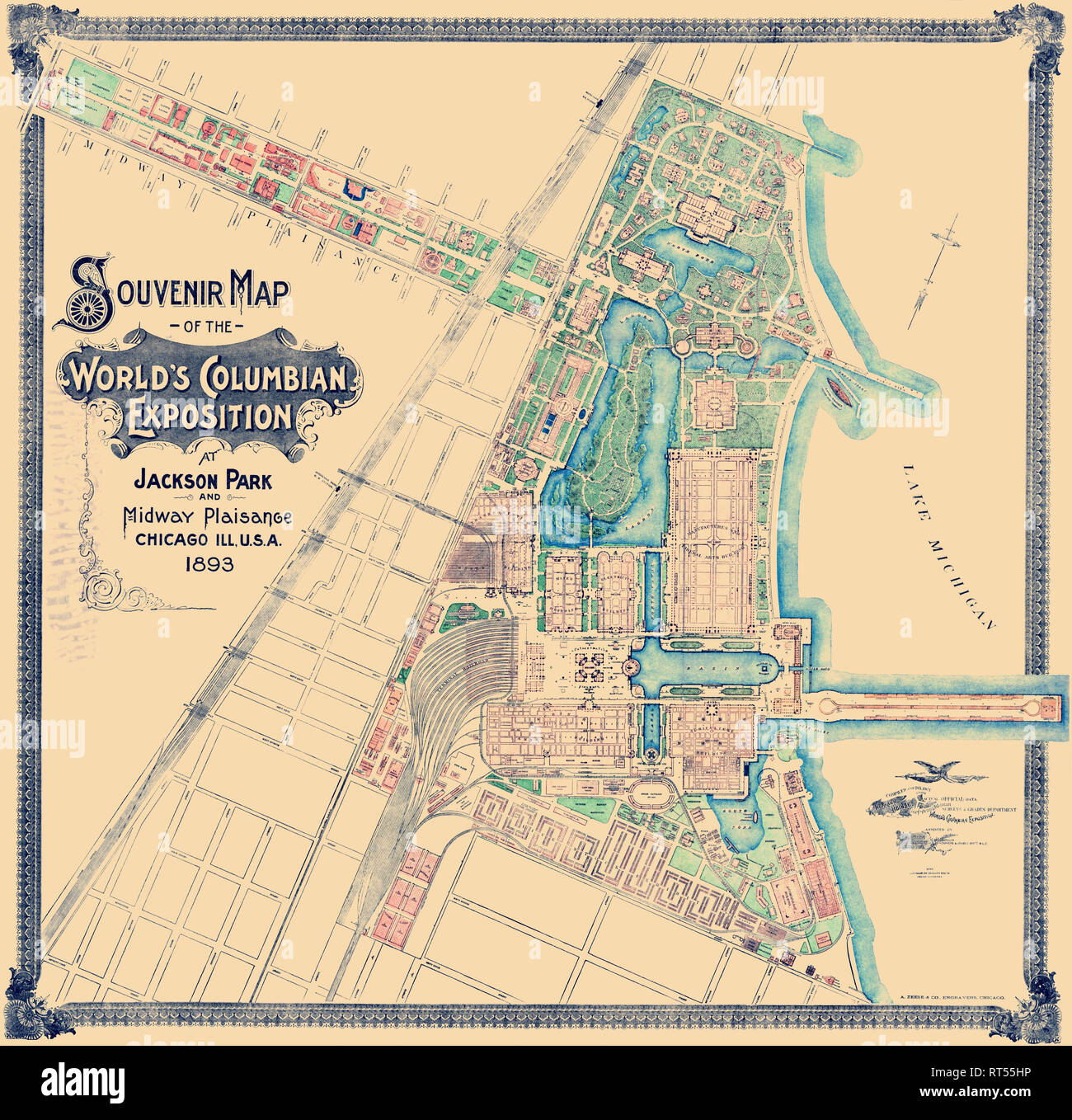 Map of the World's Columbian Exposition at Jackson Park and Midway Plaisance, Chicago, Illinois, 1893. Stock Photo