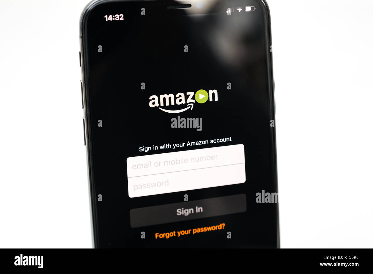 PARIS, FRANCE - NOV 5, 2017: Amazon Prime Video app log-in screen on the new Apple iPhone X 10 smartphone made by Apple Computers  Stock Photo