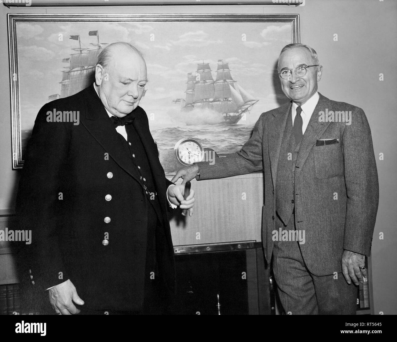 UK Prime Minister Winston Churchill and U.S. President Harry S. Truman during a moment on the Presidential Yacht. Stock Photo