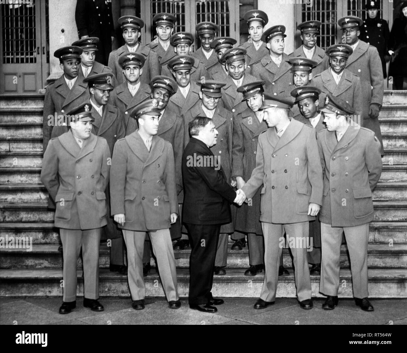 The United Statesâ€™ first Negro Navigation Cadets being congratulated by New York City Mayor at the NY City Hall. Stock Photo