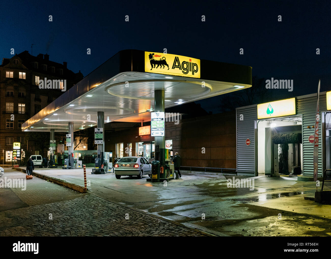 STRASBOURG, FRANCE - NOV 29, 2017: AGIP Gas station in France at night ...