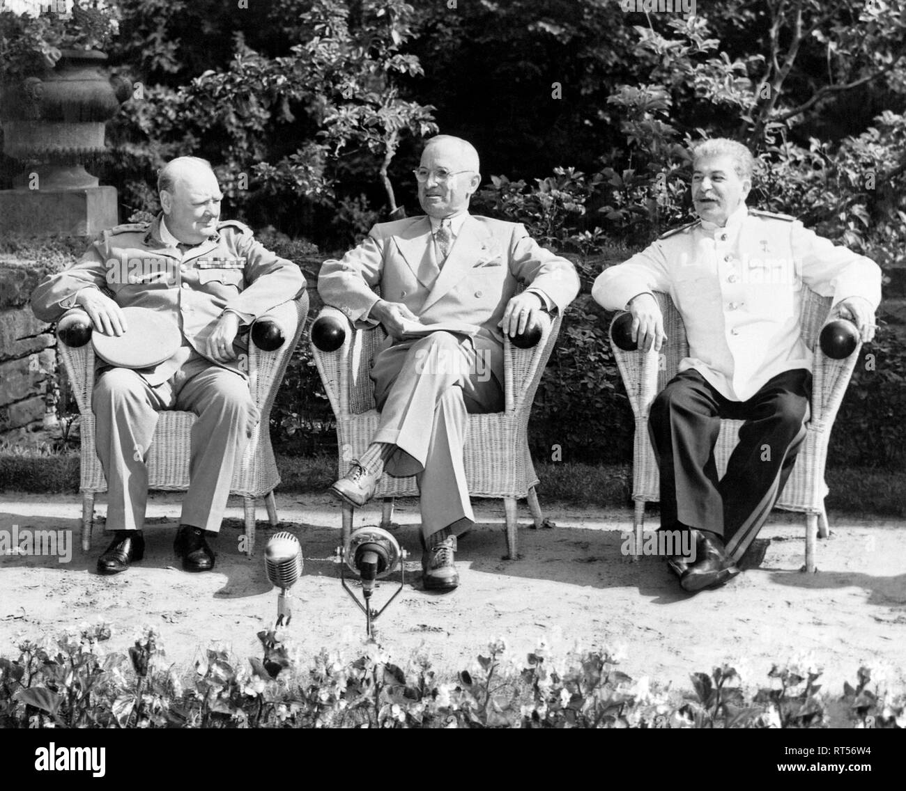 Allied leaders during the Potsdam Conference; Winston Churchill, Harry S. Truman and Joseph Stalin. Stock Photo