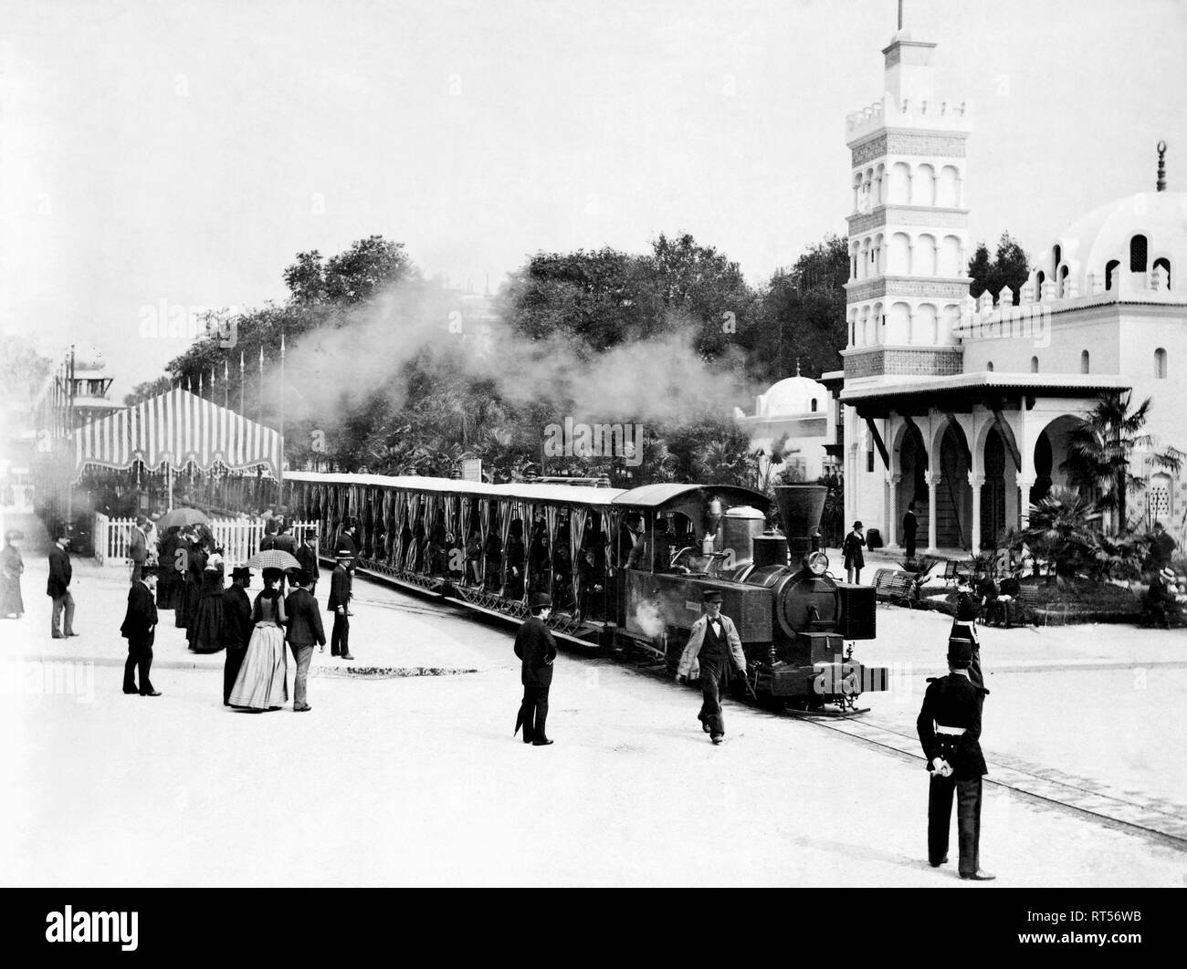 A railroad train in front of the Pavillion de Algeria during the 1889 Paris Exposition. Stock Photo