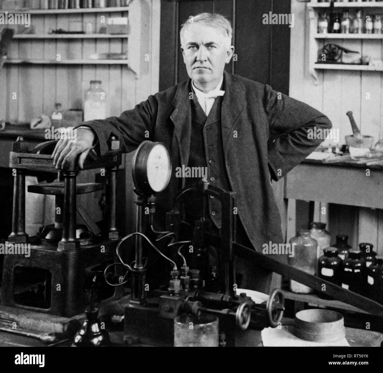 Portrait of American inventor Thomas Edison, posed inside his workshop, dated 1901. Stock Photo
