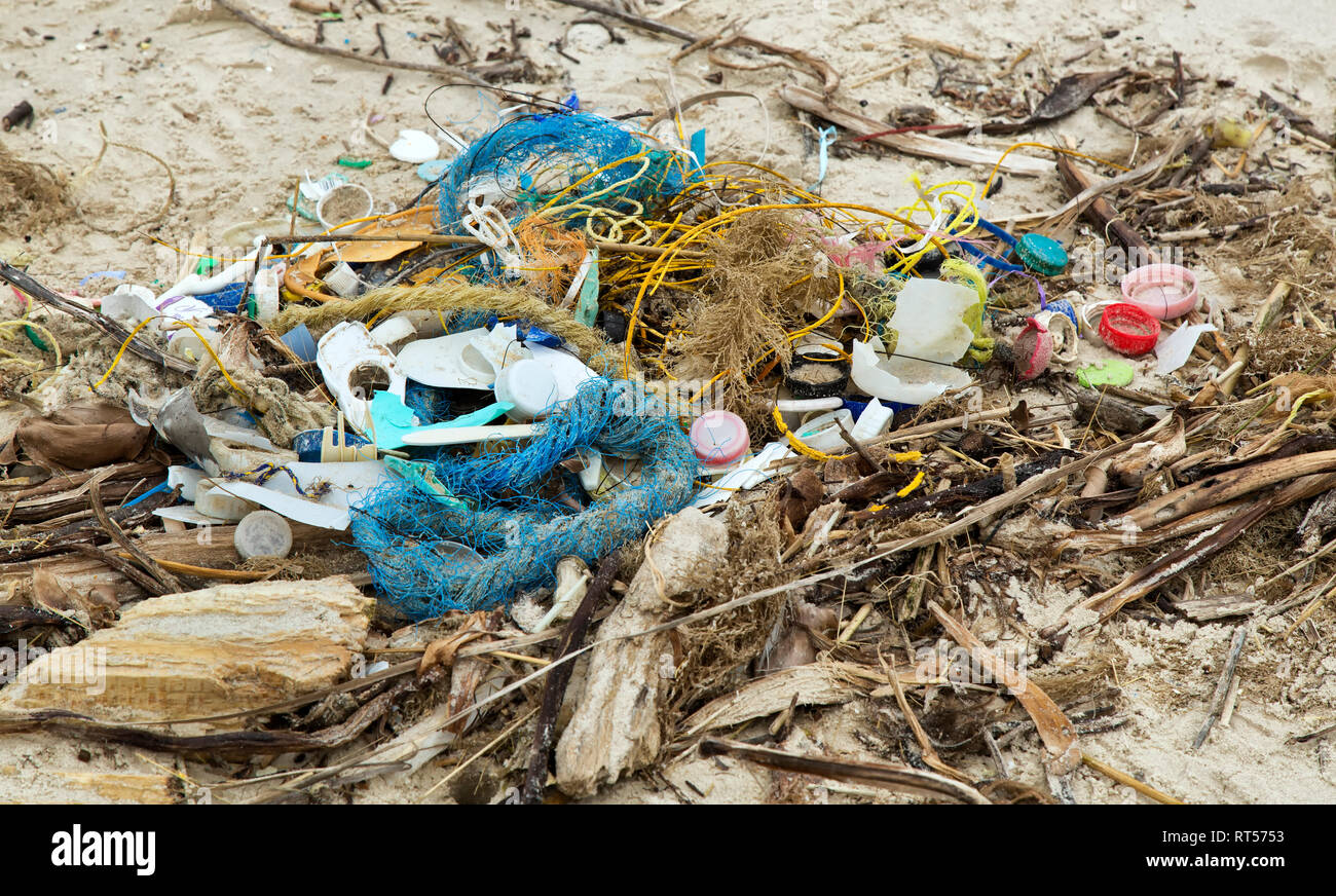 Trash collected on coastal beach, Gulf Of Mexico. Stock Photo