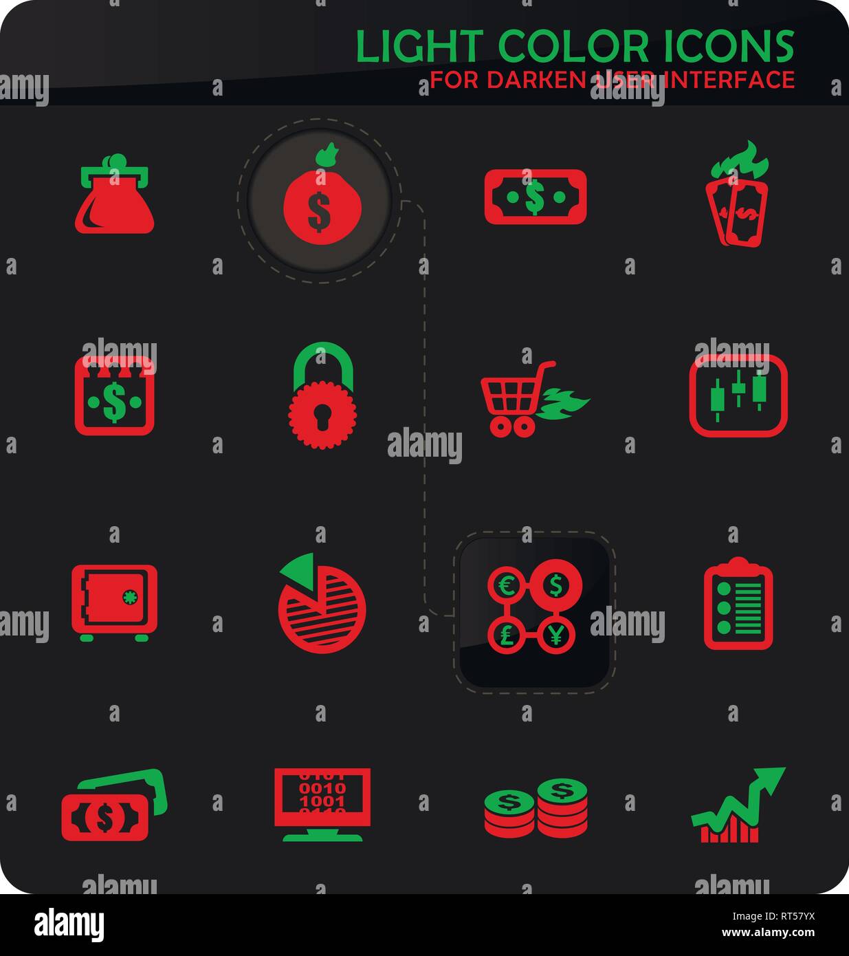 E-commers easy color vector icons on darken background for user interface design Stock Vector