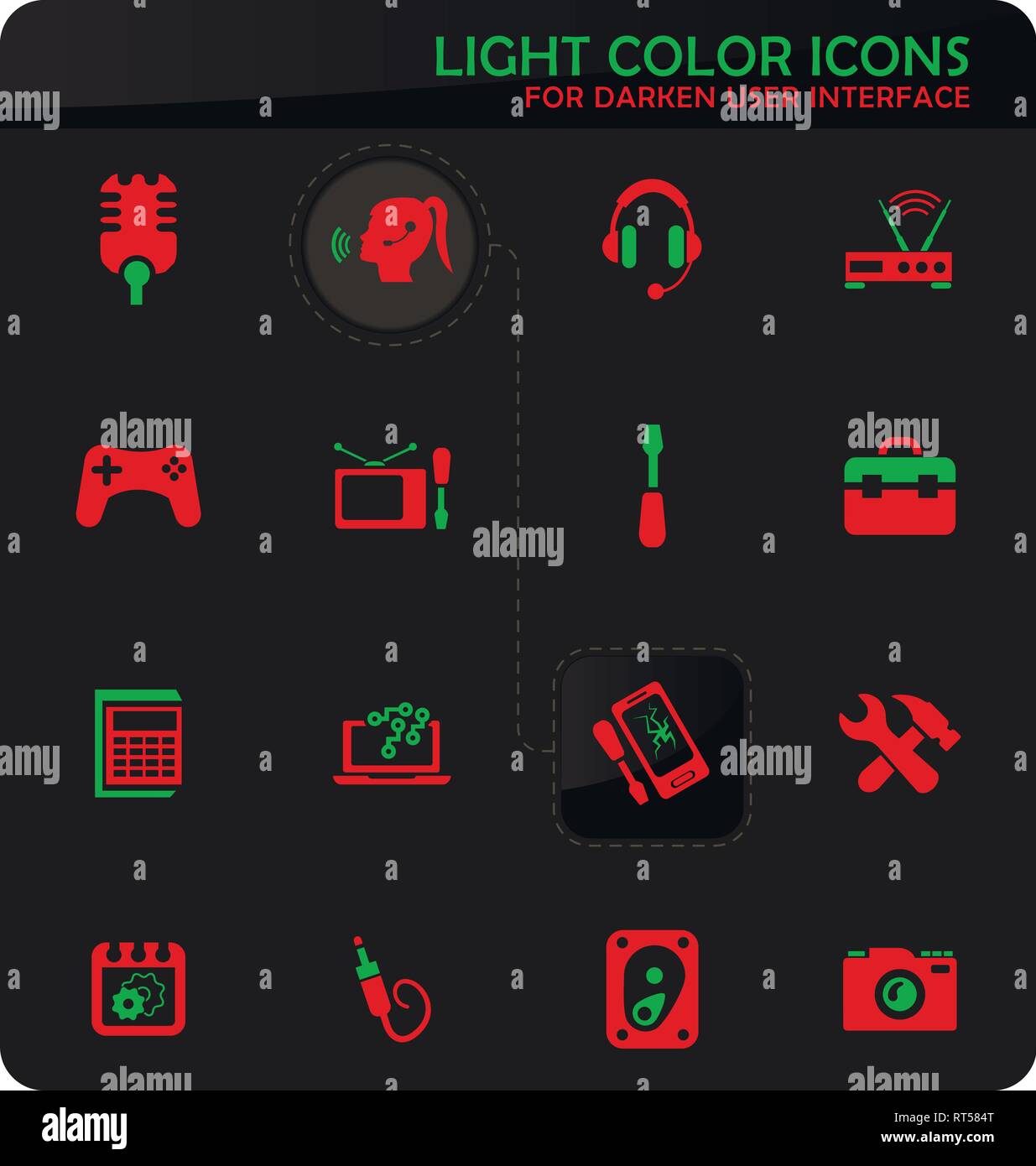 Electronics repair easy color vector icons on darken background for user interface design Stock Vector