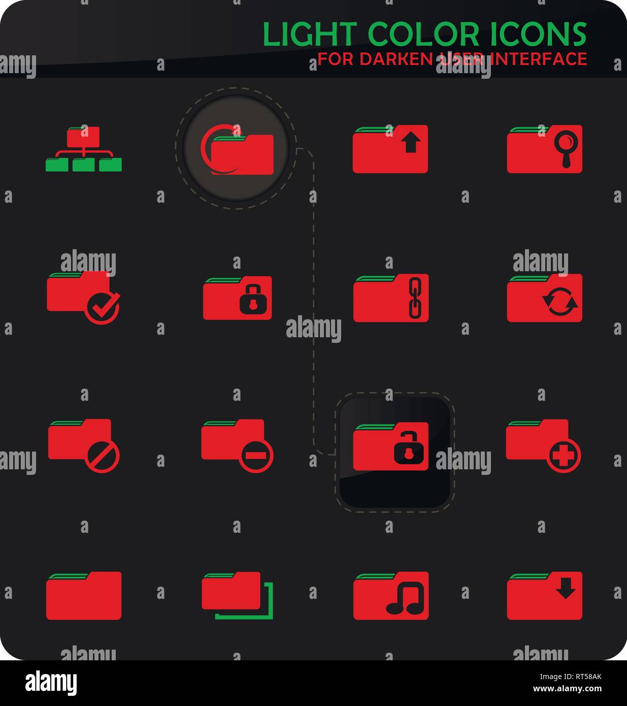 Folder easy color vector icons on darken background for user interface ...