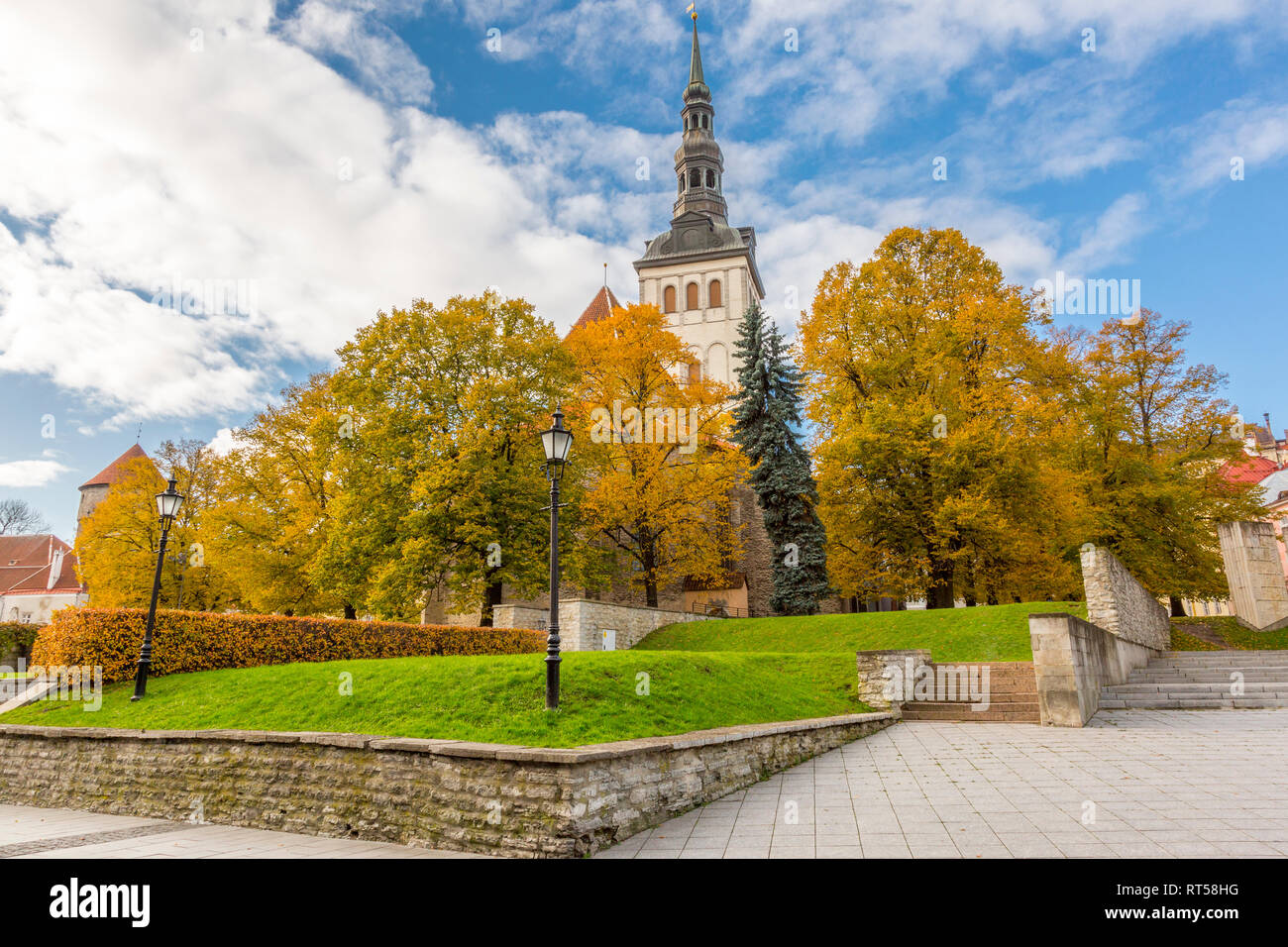 Europe, Eastern Europe, Baltic States, Estonia, Tallinn. St. Nicholas church tower, steeple. Stock Photo