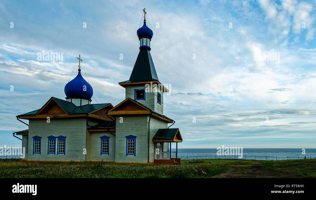 A sample of wooden architecture in the Baikal village. Wood construction. Stock Photo