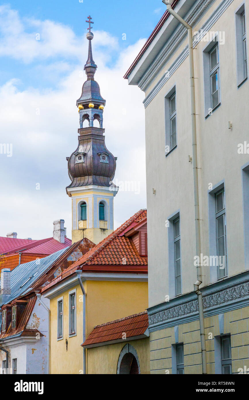 Europe, Eastern Europe, Baltic States, Estonia, Tallinn. Church tower in Old town. Stock Photo