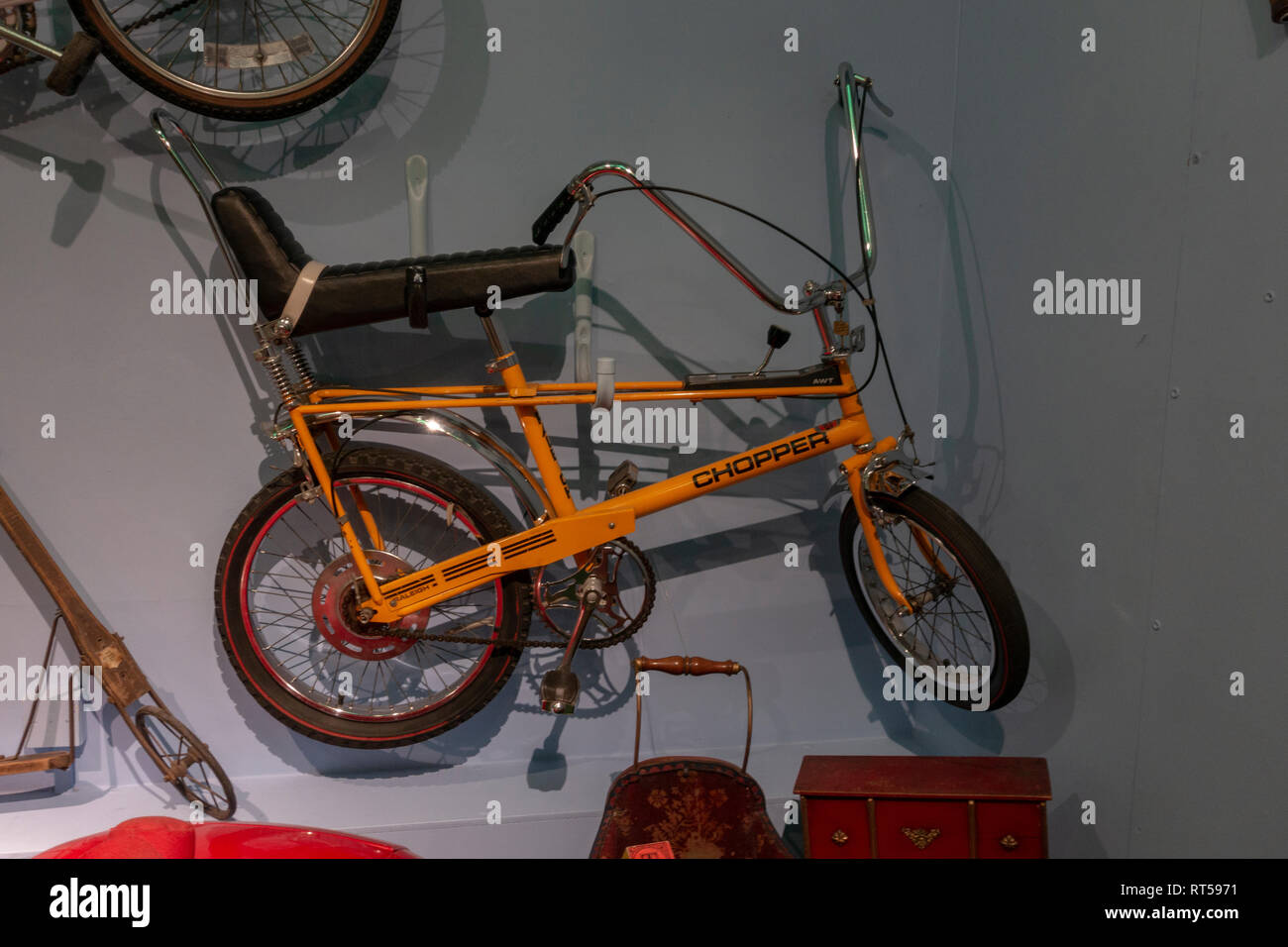 A Raleigh Chopper, a children's bicycle from the 1970s in Britain, York Castle Museum, York, Yorkshire, UK. Stock Photo