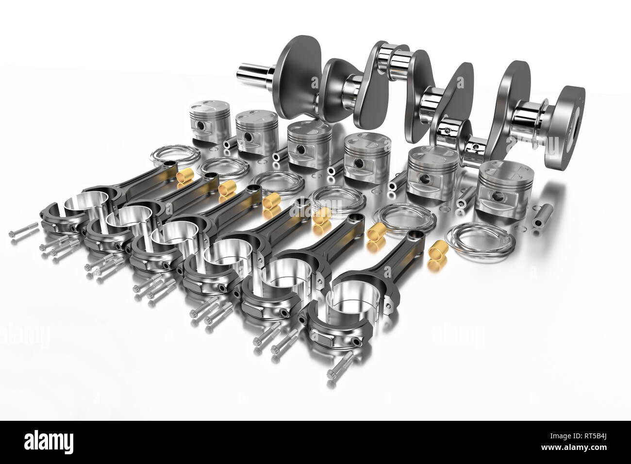 3D rendering. Engine bearing crankshaft with pistons and piston rings. Stock Photo