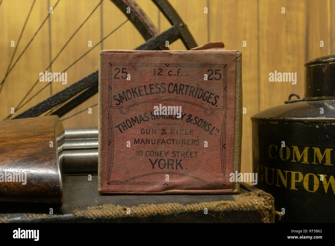 A box of smokeless cartridges made by Thomas Horsley & Sons Ltd in Coney Street York on display in the York Castle Museum, York, Yorkshire, UK. Stock Photo