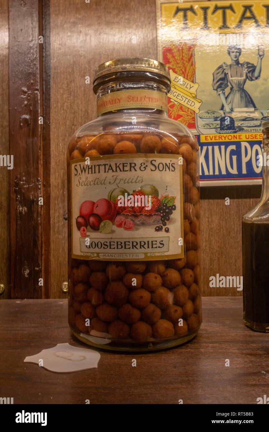 A jar of S. Whittaker & Sons Gooseberries, York Castle Museum, York, Yorkshire, UK. Stock Photo