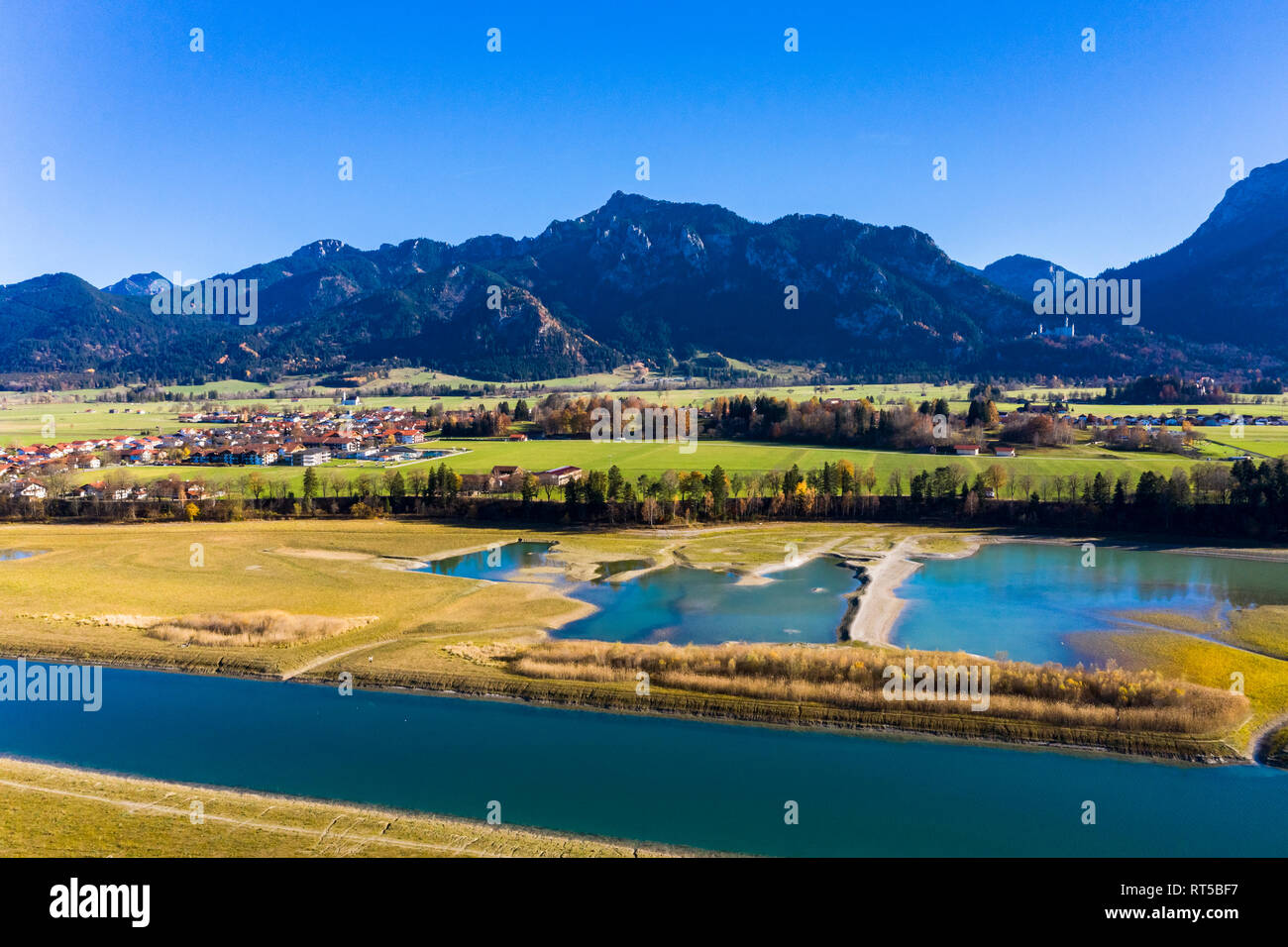 Germany, Bavaria, East Allgaeu, Fuessen, Schwangau, Forggensee, low level of water and sandbanks Stock Photo