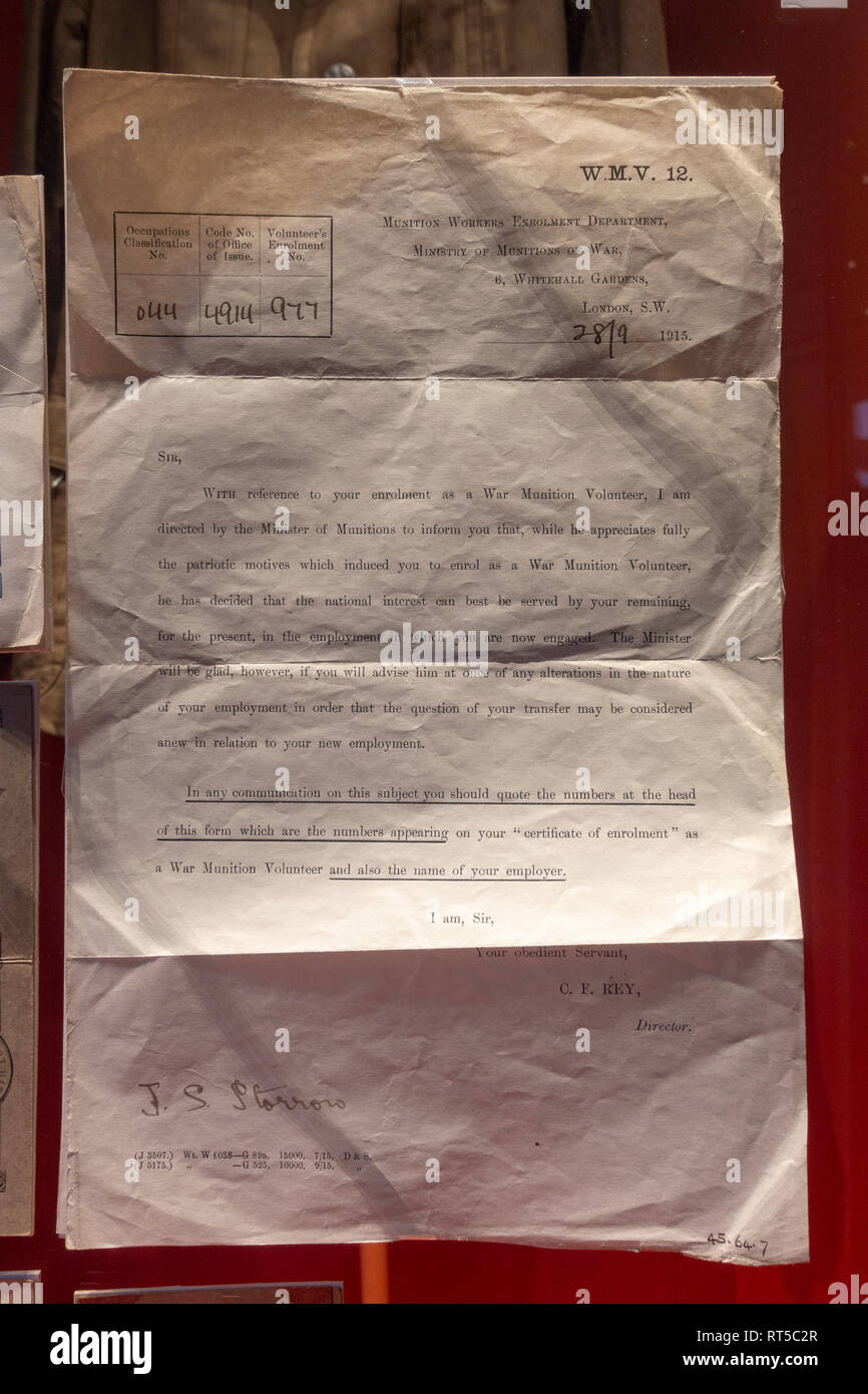 A World War One Exemption Document, exempting a man from volunteering to stay in his important job role, York Castle Museum, York, Yorkshire, UK. Stock Photo