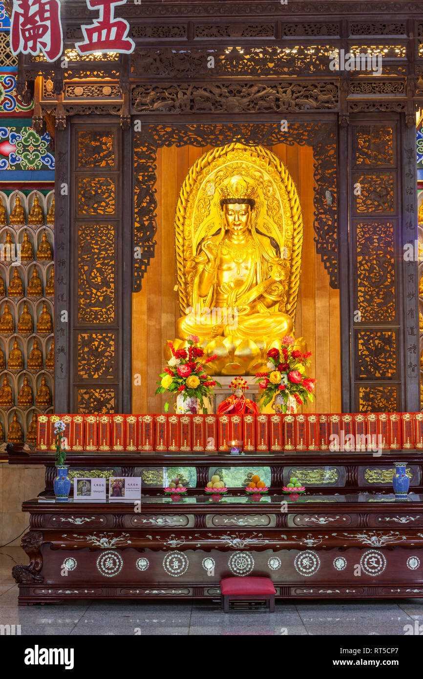 Shrine to Manjusri (Manjushri) Bodhisattva of Wisdom, Kek Lok Si Buddhist Temple, George Town, Penang, Malaysia. Stock Photo