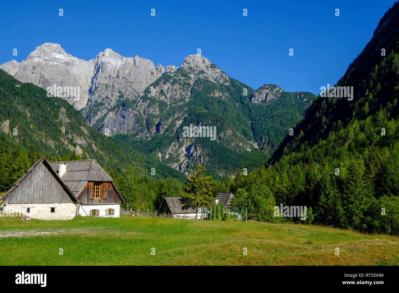Slovenia, Soca Valley, near Trenta, Triglav National Park, mountain pasture and huts Stock Photo