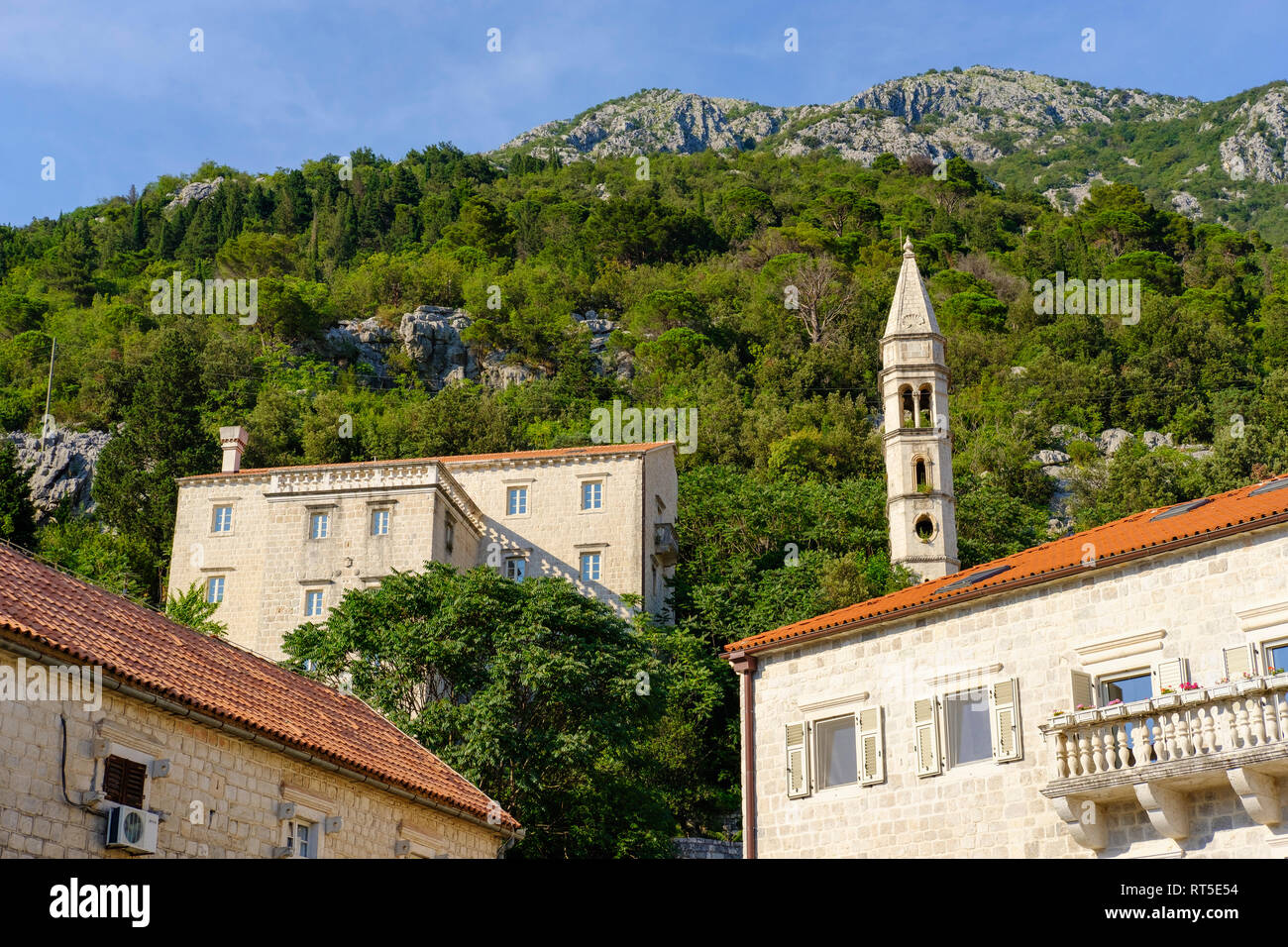 Montenegro, Perast, Gospa od Rozarija Church Spire Stock Photo