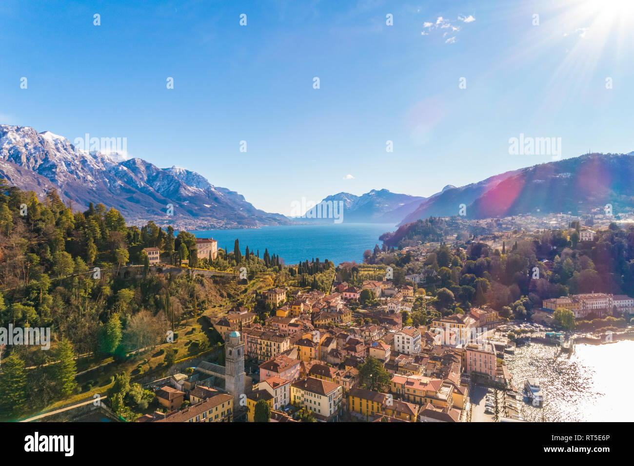 Italy, Lombardy, Aerial view of Bellagio and Lake Como Stock Photo