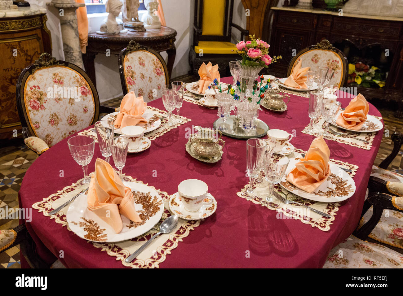 Peranakan Mansion, Small Dining Room Table Setting,  George Town, Penang, Malaysia. Stock Photo