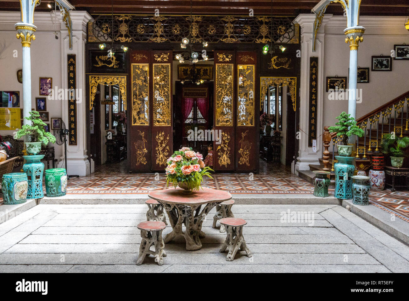 Peranakan Mansion, View from Inner Courtyard toward Front Entry Room for Welcoming Guests, George Town, Penang, Malaysia. Stock Photo