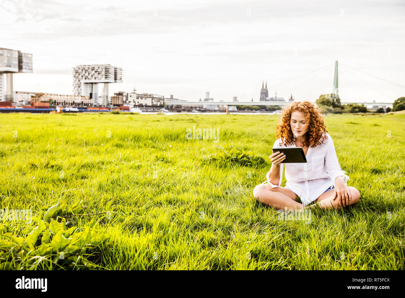 Germany, Cologne, young woman sitting on meadow looking at tablet Stock Photo