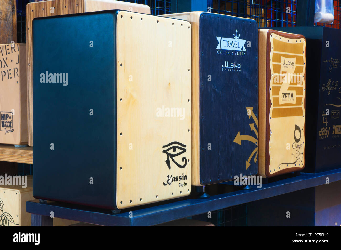 Flamenco 'cajon'. Musical instruments shop. Spain. Europe Stock Photo