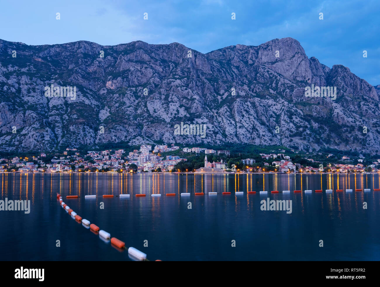 Montenegro, Bay of Kotor, Dobrota at blue hour Stock Photo
