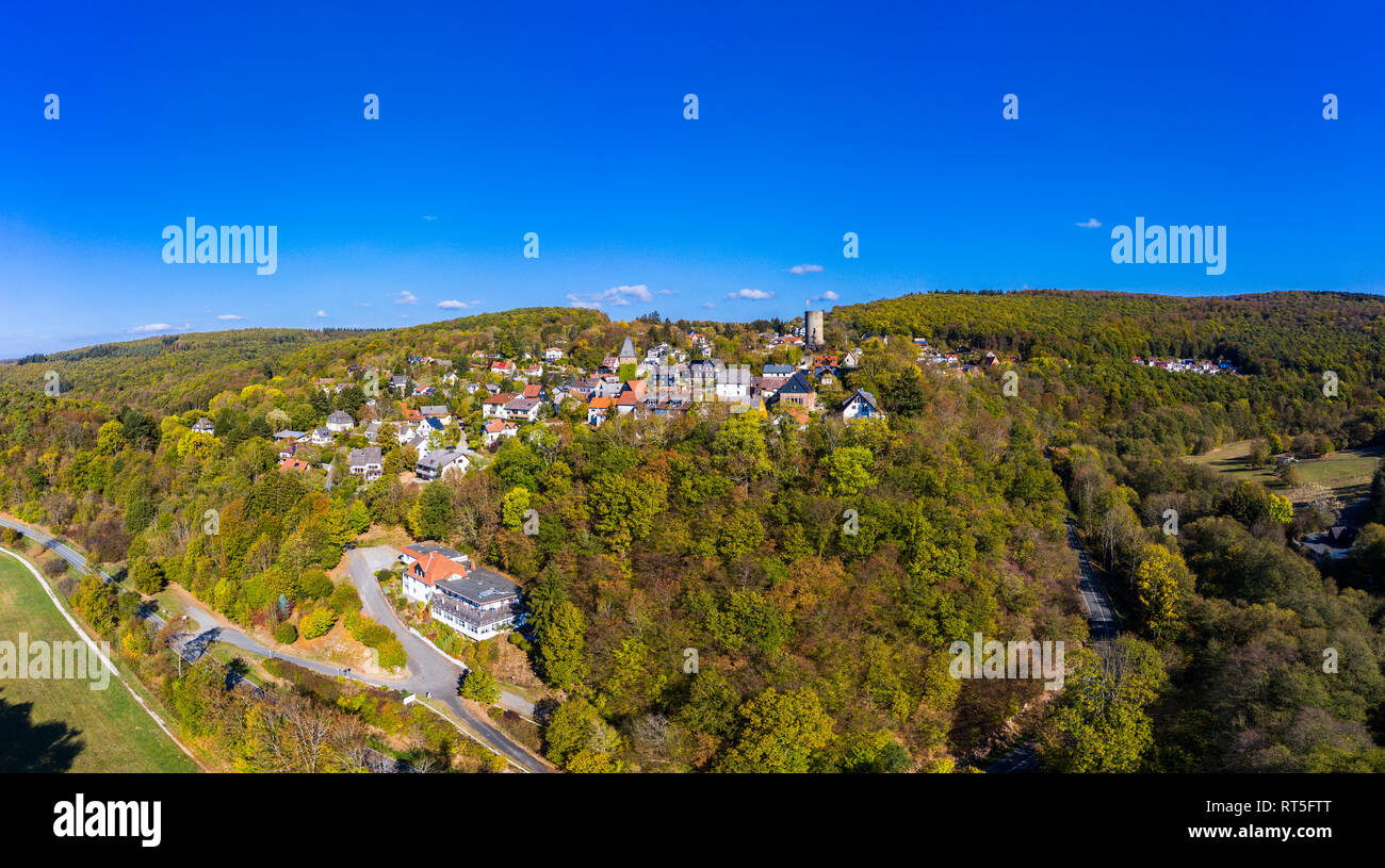 Germany, Hesse, Aerial view of Weilrod, Altweinau Castle Stock Photo