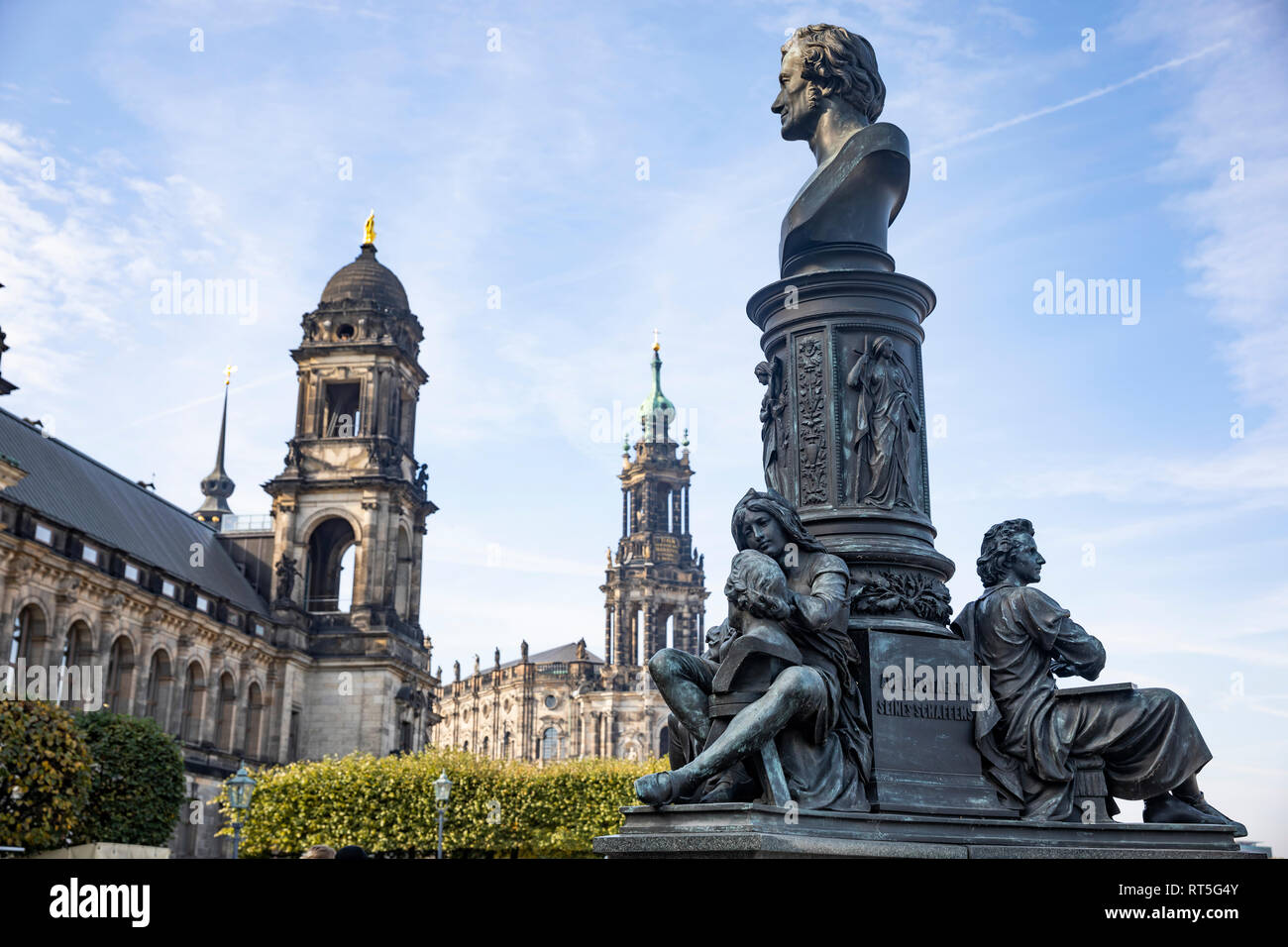 Germany, Dresden, Higher Regional Court, Dresden Cathedral and monument of Ernst Rietschel Stock Photo