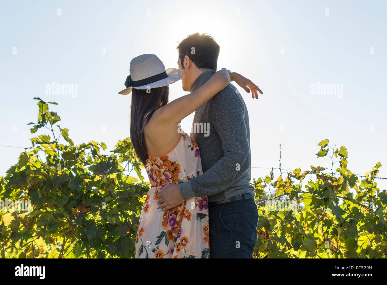 Italy, Tuscany, Siena, young couple embracing in a vineyard Stock Photo