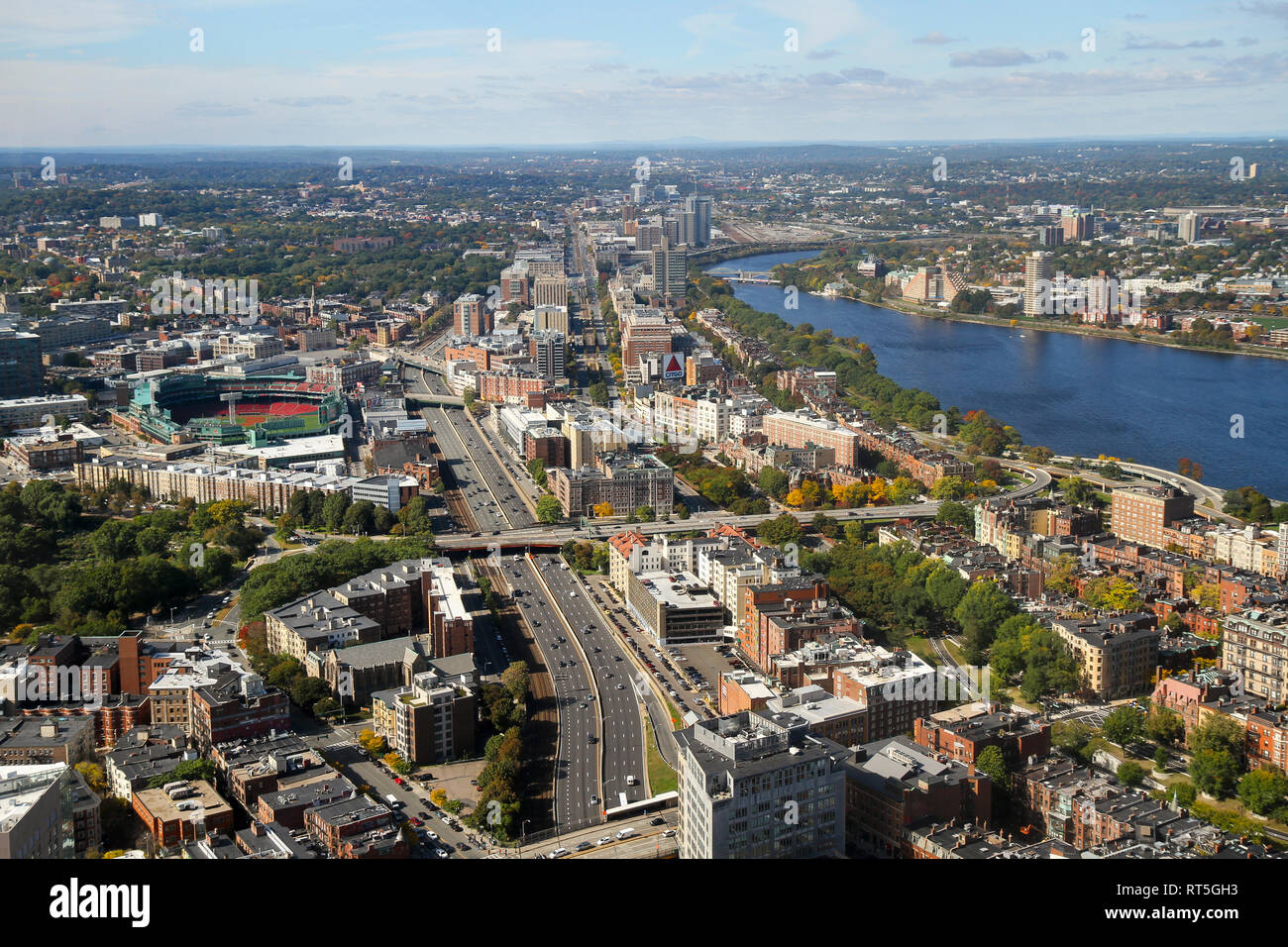 An aerial view including the Fenway/Kenmore neighborhood, Back Bay, and