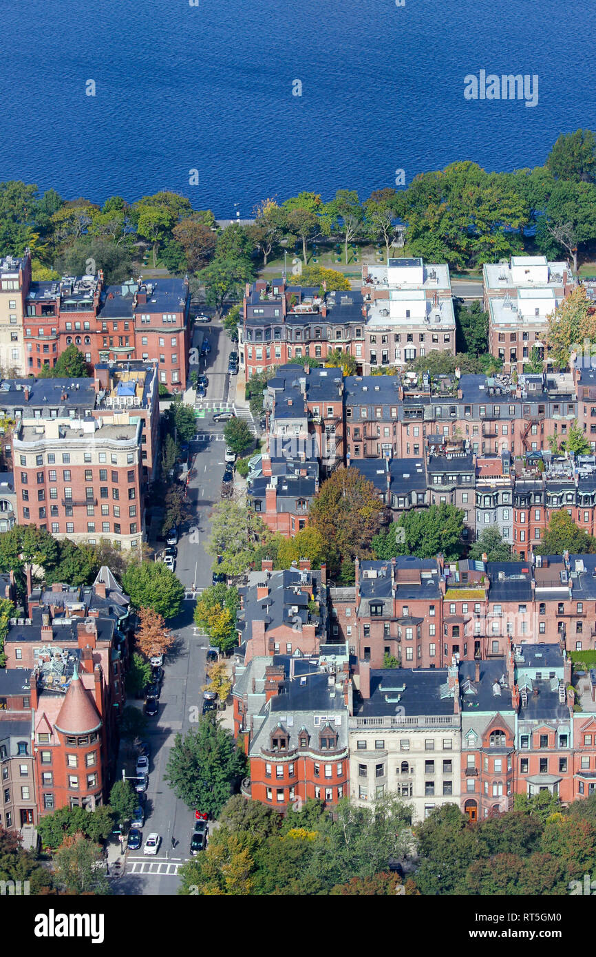An aerial view of buildings near the Charles River, Boston