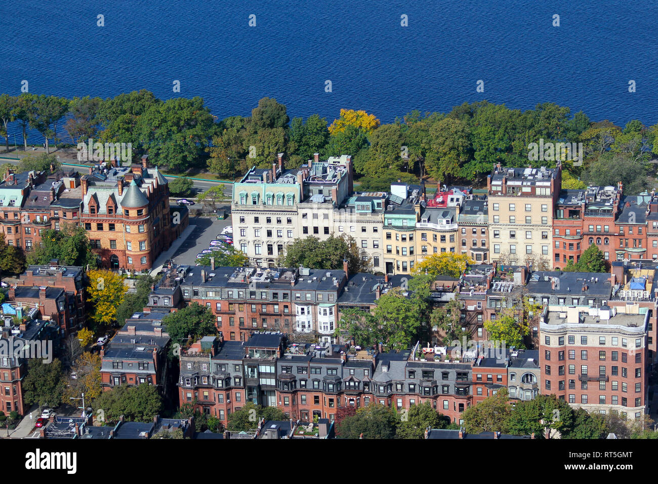 An aerial view of buildings near the Charles River, Boston
