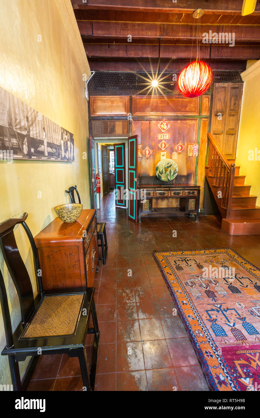 Ground Floor of a Restored Shophouse, Coffee Atelier Boutique Hotel, George Town, Penang, Malaysia. Stock Photo