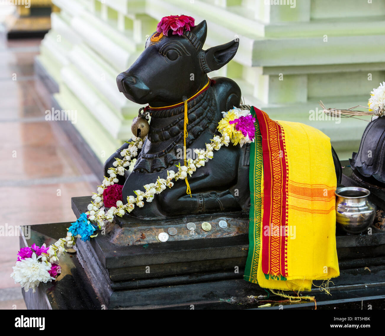 Nandi, Sacred Bull of Shiva, Sri Maha Mariamman Hindu Temple, George Town, Penang, Malaysia. Stock Photo