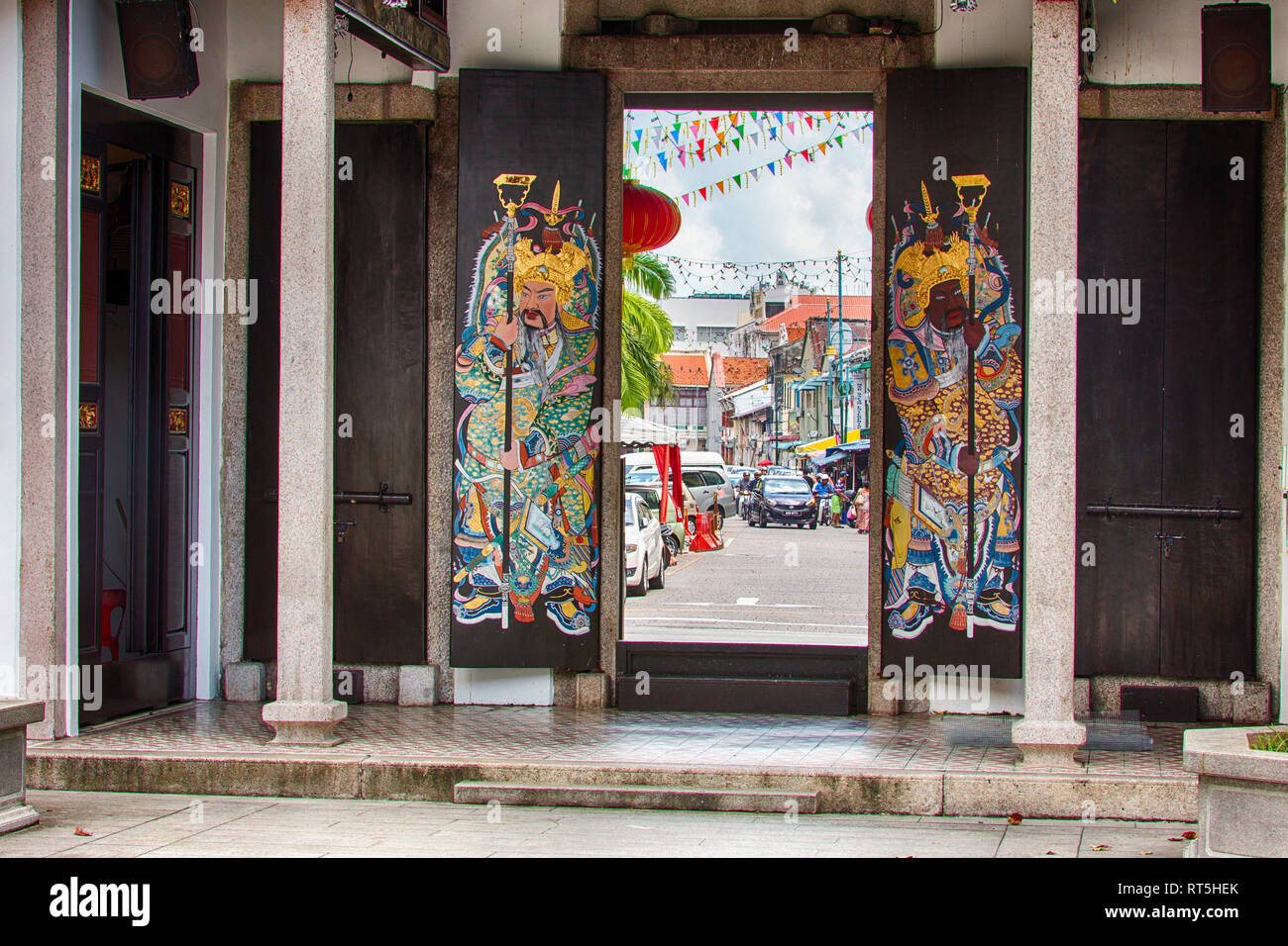 Street View from inside Han Jiang Ancestral Temple, George Town, Penang, Malaysia Stock Photo