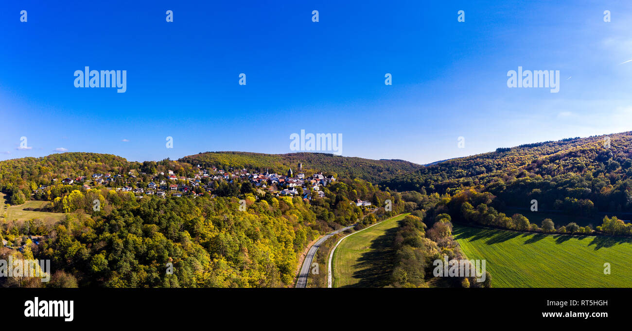 Germany, Hesse, Aerial view of Weilrod, Altweinau Castle Stock Photo