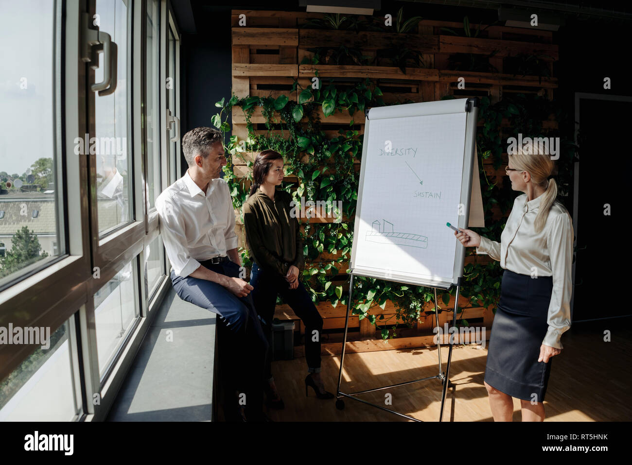 Business people working with flip chart in green office Stock Photo