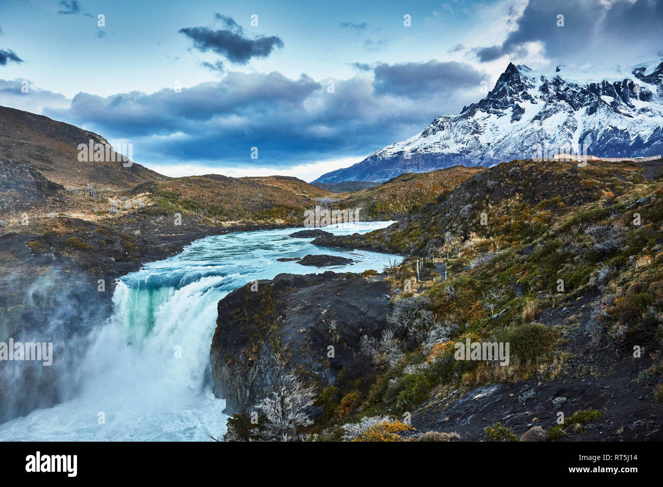 Chile, Torres del Paine National park, Cascada del Rio Paine, Salto Grande Waterfall in front of Torres del Paine massif Stock Photo