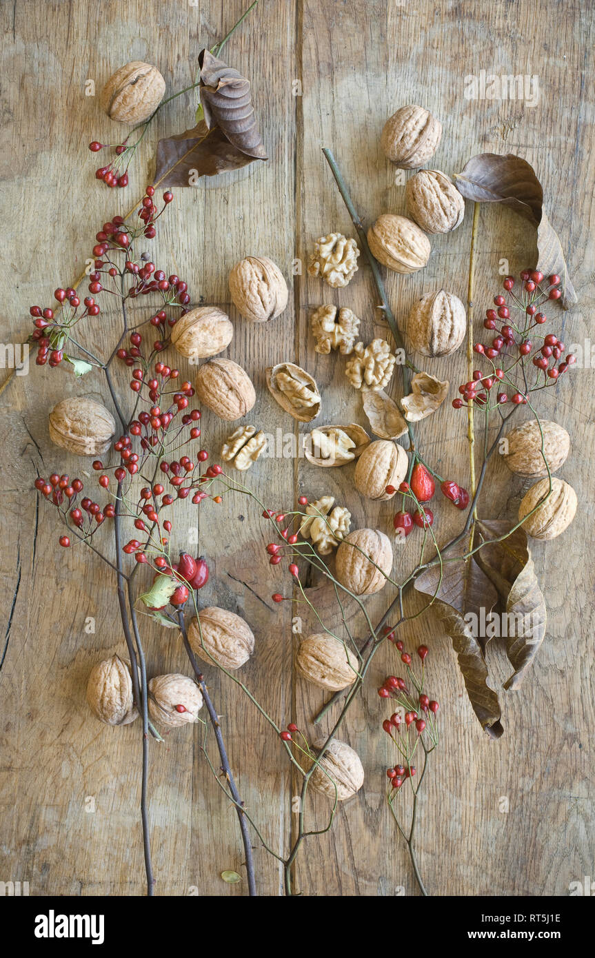 Whole and cracked organic walnuts, leaves and roseships on wood Stock Photo