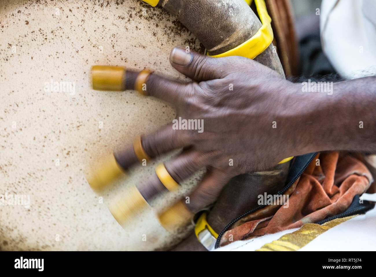 Player Playing Thavil, a South Indian Drum, Hindu Temple, Sri Maha Mariamman, Navarathri Celebrations, George Town, Penang, Malaysia. Stock Photo