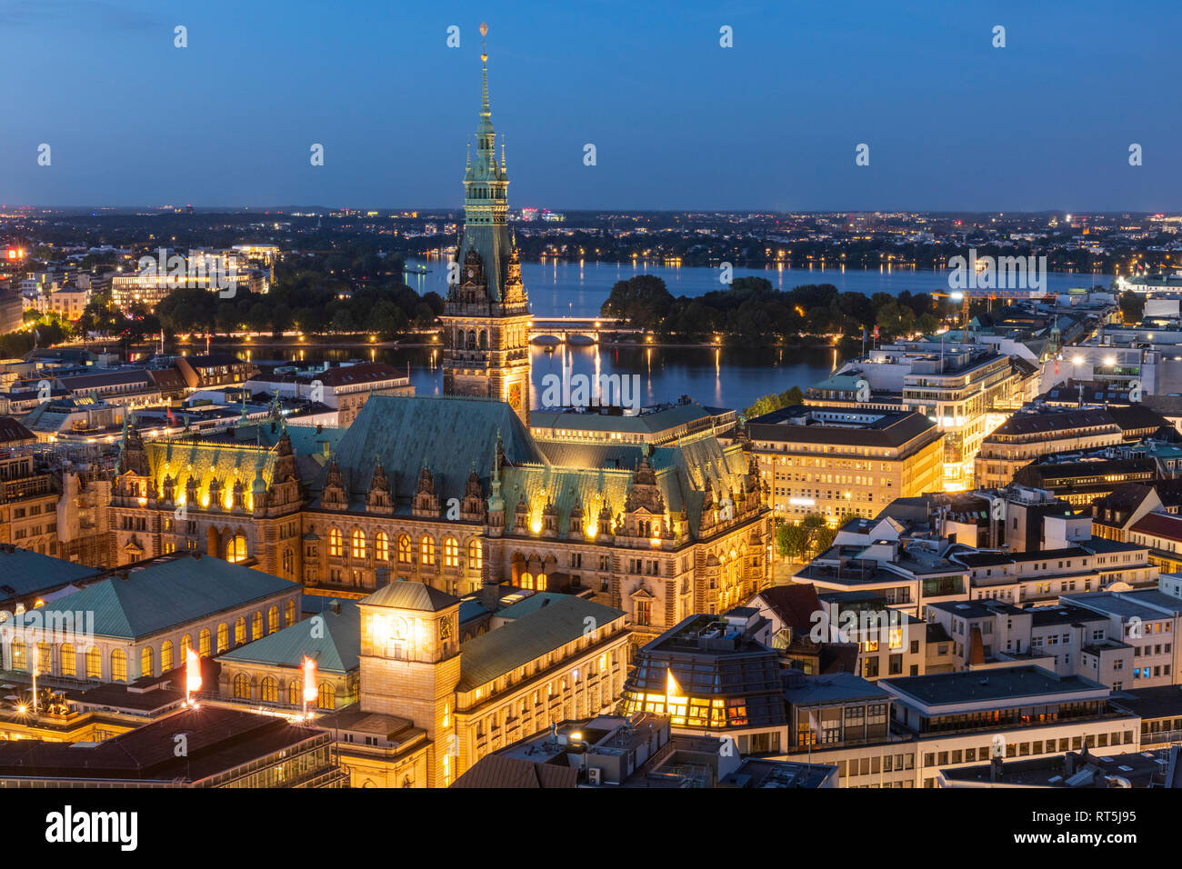 Germany, Hamburg, Hamburg city hall and Alster Lakes Stock Photo