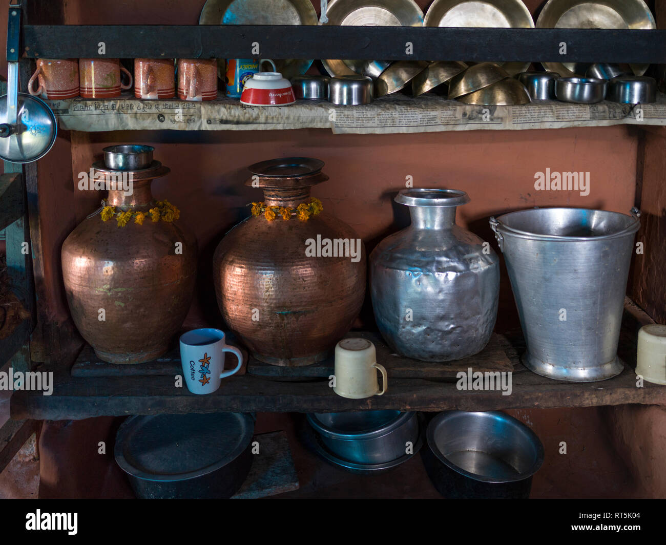 Utensils in a traditional kitchen, Bhalu Khop Village, West Sikkim, Sikkim, India Stock Photo
