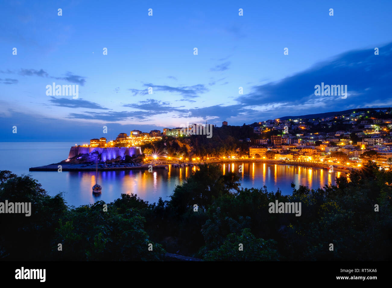 Montenegro, Ulcinj, Adriatic coast, old town at dusk Stock Photo