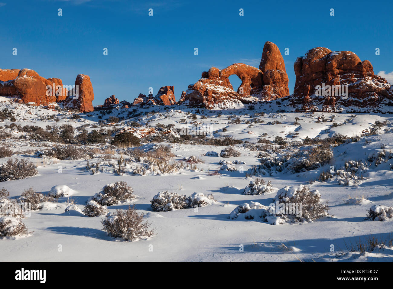 Turret Arch in winter, Windows Section, Arches National Park, Utah Stock Photo